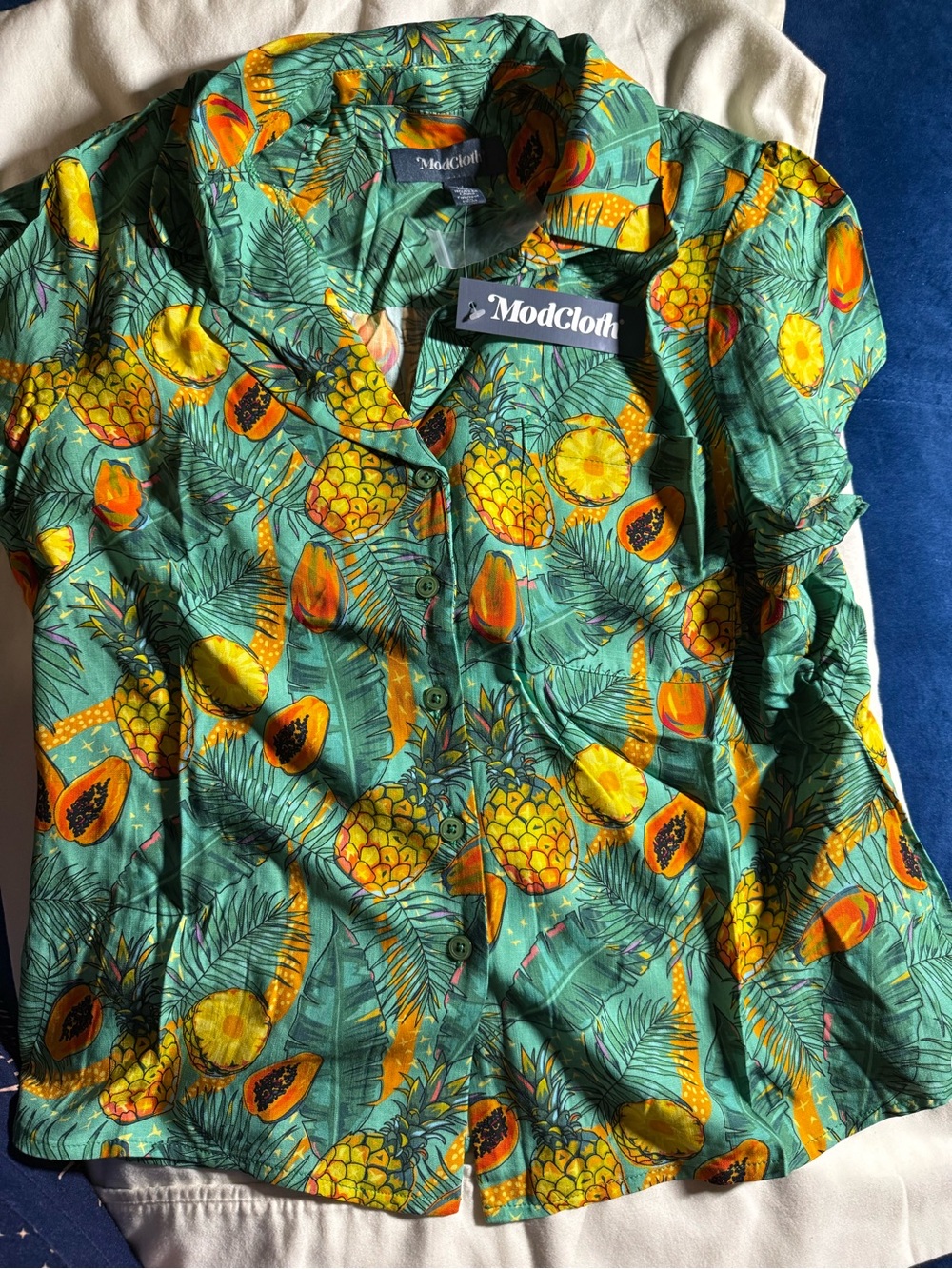 ModCloth Green Tropical Fruit Button-Up Shirt